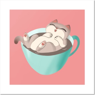 Siamese Cat in Coffee Mug Kawaii Cute latte kitty Posters and Art